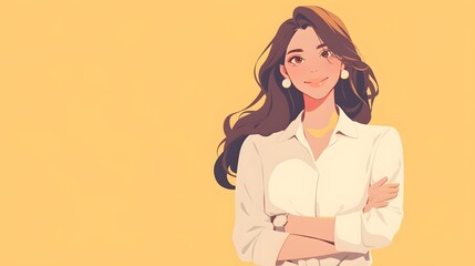 Obraz premium Confident and Poised Working Woman in Smart Casual Outfit Smiling Softly Against Pastel Background