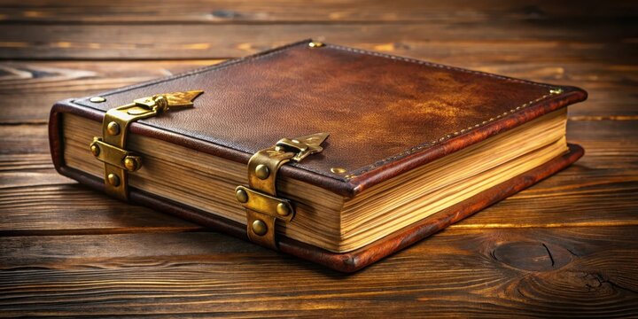 Old leather bound book with golden hinges on a wooden table, table, books,  table