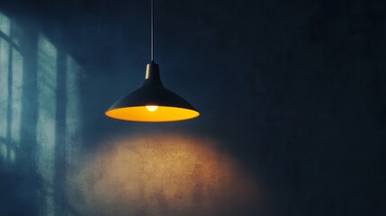 Pendant lamp casting warm light on textured wall in dark room. Minimalist design and ambient lighting concept