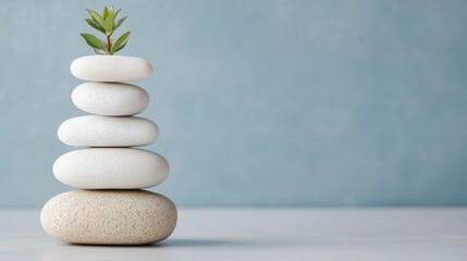 Tranquil Scene of Stacked White Stones with Green Plant on a Light Blue Background for Wellness and Meditation