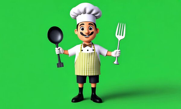 Cartoon chef holding ladle and fork against green screen