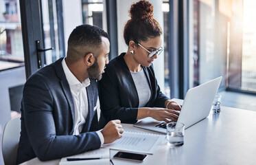 Business, people or planning with laptop in office for trial preparation, drafting legal document...