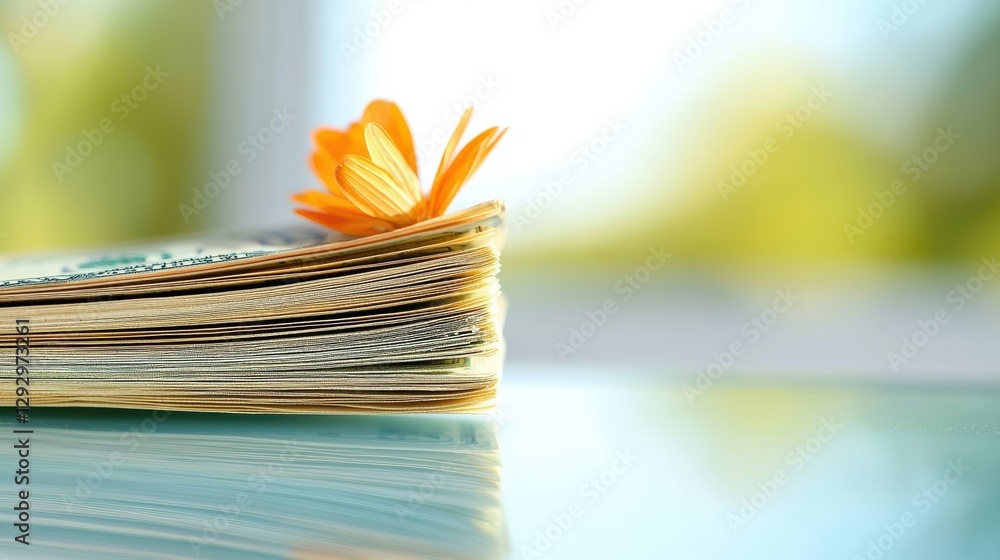 Poster a stack of crisp dollar bills with a shallow depth of field, highlighting the texture and details of