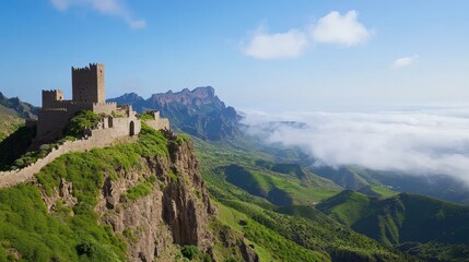 Fototapeta premium Ancient Fortress on Mountain Peak, Cloudy Valley View