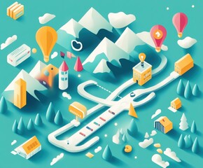   Illustration of an Adventurous Journey: An eye-level perspective, a vibrant illustration depicting a scenic route through mountain ranges. The illustrated landscape incorporates hot air balloons.