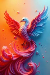 Obraz premium A vibrant phoenix with pink and blue plumage, majestic wings outstretched, and a flowing, sculpted tail, set against a warm and cool gradient background.