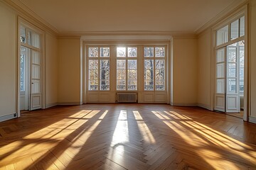 An empty room with bright sunlight streaming through windows