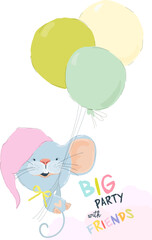 Cute Little Mouse flying with Color Balloons