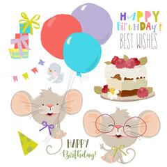 Cartoon Set with Cute Little Mouse, Birthday Cake, Balloons