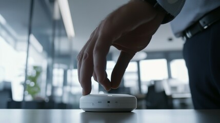 A technician installing carbon monoxide detectors in an office. Featuring professional installation and safety