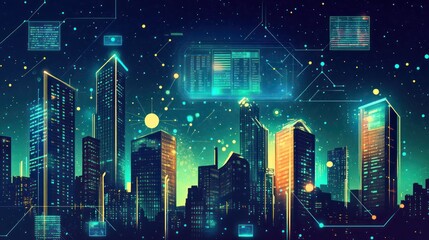 Futuristic city skyline at night with glowing holographic displays overlaid on buildings and connecting lines, depicting advanced technology and urban innovation.