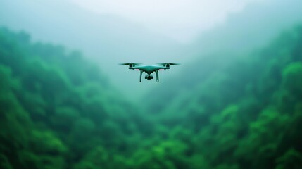 A drone hovering over a lush forest canopy, capturing aerial footage of the natural landscape and highlighting the use of technology for environmental monitoring.
