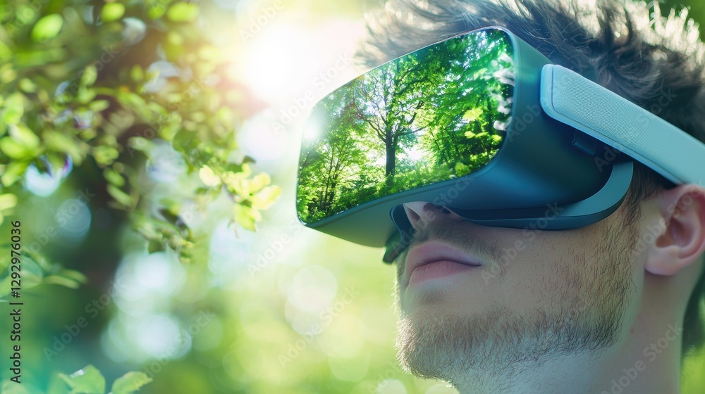 Poster a group of friends using a virtual reality headset to experience a simulated nature walk, blurring t