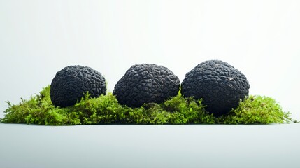 Black truffles isolated on white background, they present an attractive appearance of dark gray to almost jet black tones, the product is placed on green leaves or moss, creating a contrast of light