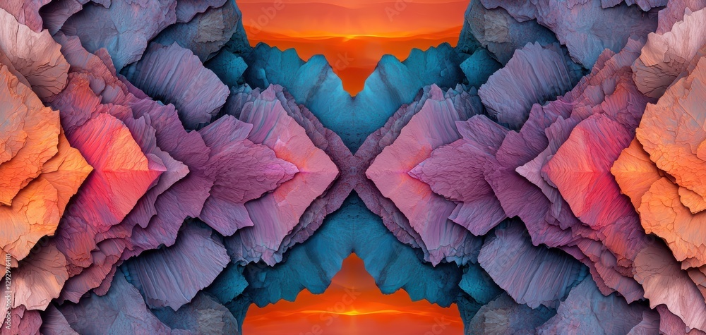 Poster a vibrant, symmetrical abstract design featuring layers of colorful textures, evoking a sense of dep