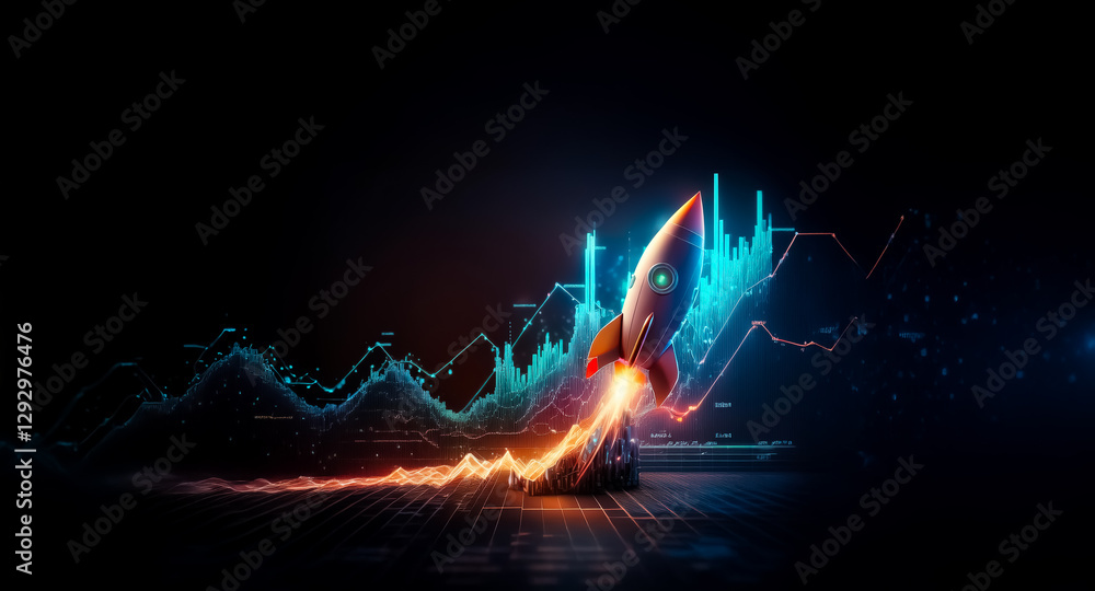 Aufkleber rocket launching with neon trail and financial graph in the backdrop, symbolizing business success a