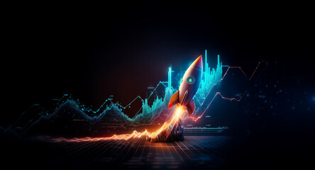Rocket launching with neon trail and financial graph in the backdrop, symbolizing business success and technological growth in digital space.