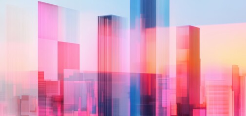 Holographic skyscrapers flickering with digital noise, forming a surreal abstract glitch version of a cyberpunk city