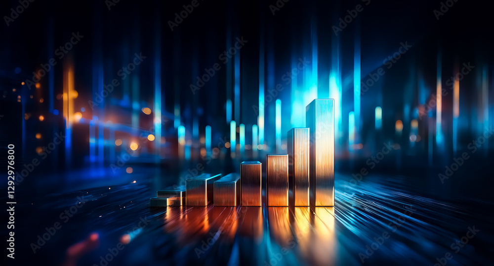 Aufkleber Abstract golden bar chart ascending against a blurry blue and orange light background, suggesting growth and financial progress in a dynamic and modern style.