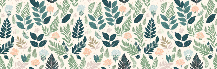 Handmade Crafted repeating pattern of watercolor-style leaves and floral elements on light background, for gift wrap and wallpaper