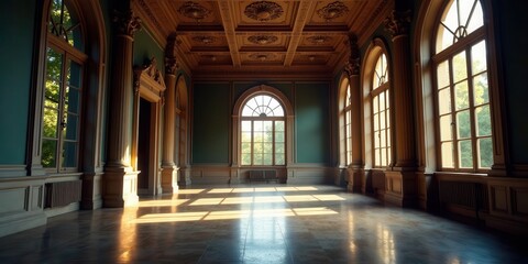 Fototapeta premium Sunlit Grandeur An Elegant Hallway with Ornate Architectural Details and Expansive Windows