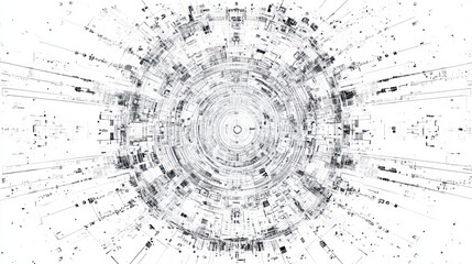 Obraz premium Abstract, symmetrical, technological design with concentric circles and intricate, fragmented lines radiating outwards.