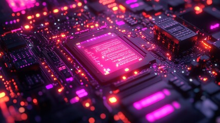 Obraz premium Vibrant Circuit Board Design with Neon Lights and Technology Elements