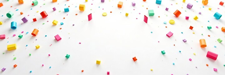 Festive confetti scattered on white backdrop, joyful celebration concept for birthdays or special occasions, decoration, event