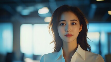 Naklejka premium Confident businesswoman in a modern office, embodying professionalism and leadership.