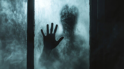 shadowy figure presses against foggy glass, creating suspenseful atmosphere