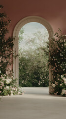 Fototapeta premium Gateway to a Floral Paradise: An elegant archway frames a stunning view of a flourishing garden, adorned with lush roses and other greenery, evoking a sense of serenity and natural beauty.