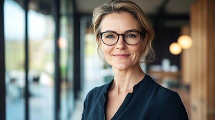 Confident businesswoman with glasses, exuding positivity in a modern office setting.