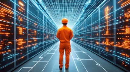 Worker in Orange Uniform Stands Before High-Tech Data Storage Rack