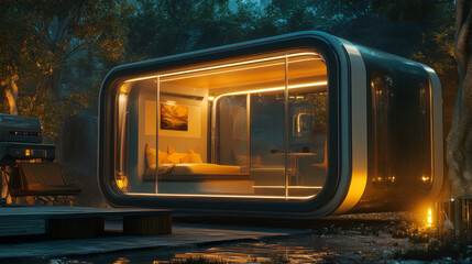 Fototapeta premium Futuristic tiny house with sleek design and warm lighting in nature