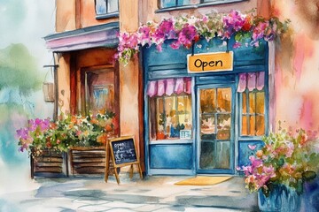 Charming Flower Shop: A picturesque watercolor painting of a charming flower shop, adorned with vibrant pink flowers cascading from the awning, inviting customers with a welcoming "Open" sign.