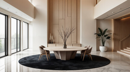 A large room with a round table and chairs