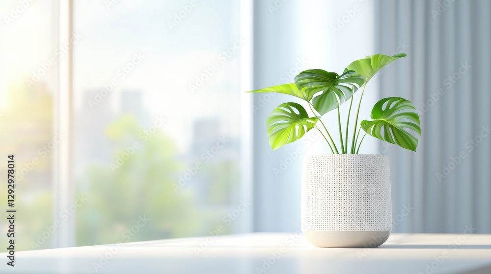 Poster a minimalist desk with a white tabletop and a single monstera plant in a stylish planter, adding a t