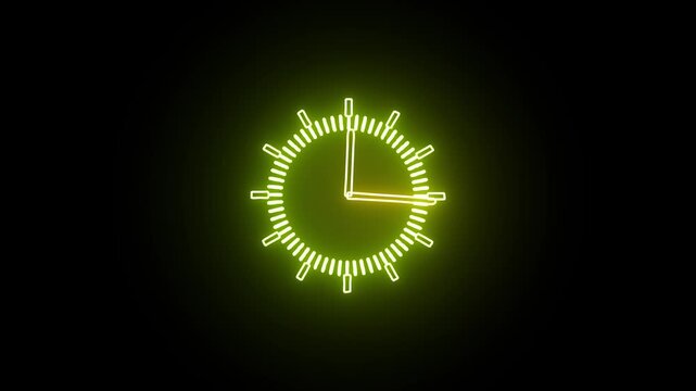 clock icon neon glowing Yellow color animation. black background 24 hour fast digital clock.