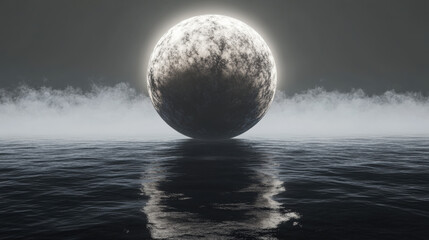 A colossal glowing sphere floating just above a still, reflective sea, pulsating with celestial energy