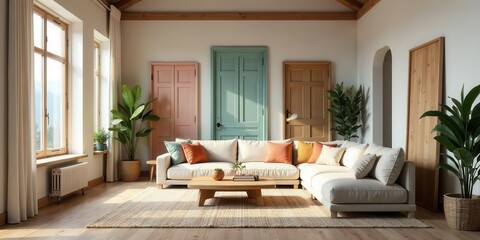 Fototapeta premium Serene Living Room with Pastel Doors and Comfortable Sectional Sofa