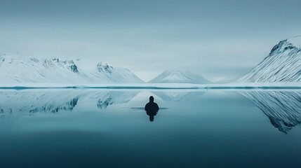   A person stands amidst a tranquil body of water, surrounded by towering mountains in the distance and a sky dotted with billowy clouds above