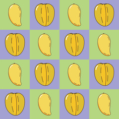 Mango and starfruit in a healthy fruit concept pattern on checkered background, hand drawn doodle vector.