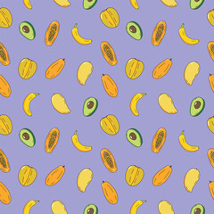 healthy fruit concept seamless pattern on purple background, hand drawn doodle vector.