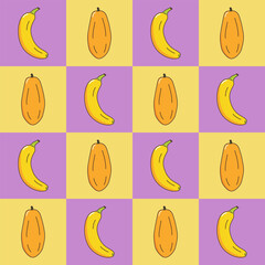 Banana and papaya in a healthy fruit concept pattern on checkered background, hand drawn doodle vector.