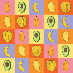 healthy fruit concept pattern on checkered background, hand drawn doodle vector.