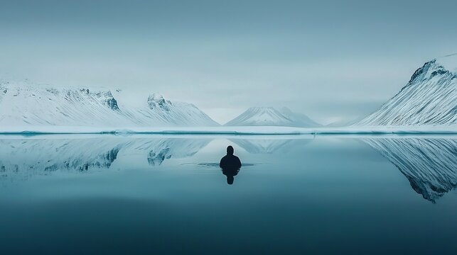  A person stands amidst a tranquil body of water, surrounded by towering mountains in the distance and a sky dotted with billowy clouds above