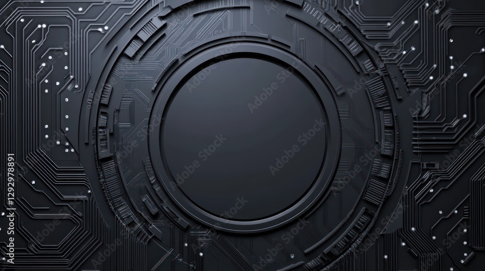 Poster abstract circuit board with circular dark gray metallic design.