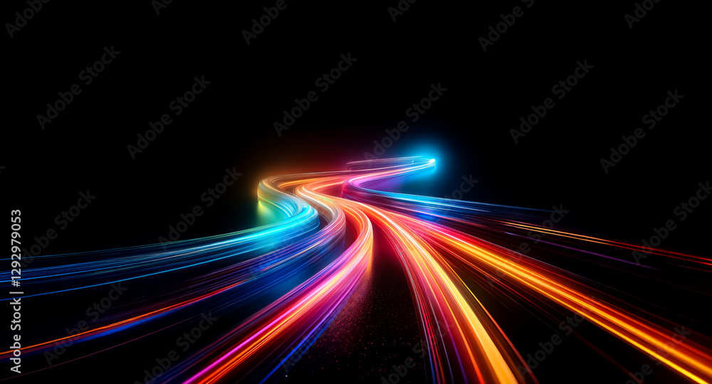 Fototapete Vibrant light trails streak across a dark backdrop, curving and flowing with energy. A dynamic display of colorful motion.