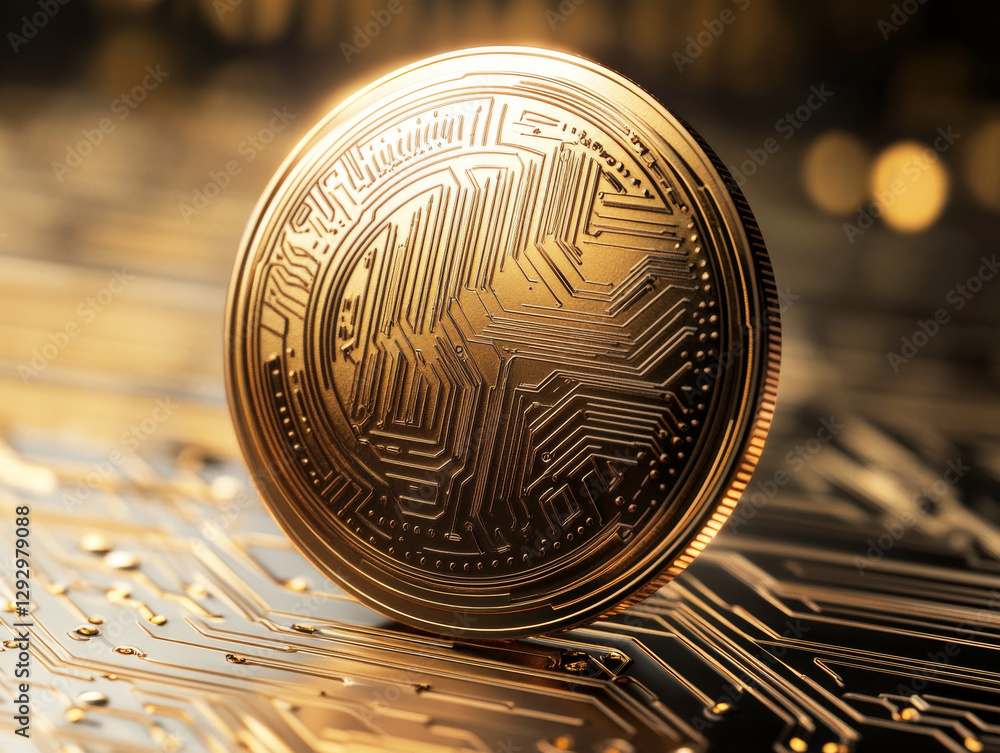 Poster sleek cryptocurrency coin with intricate circuit patterns, symbolizing digital finance and innovatio