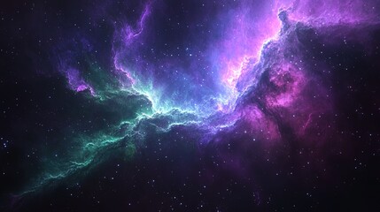 Fototapeta premium Vivid star cluster embedded in a purple and green nebula, with hints of cosmic dust 